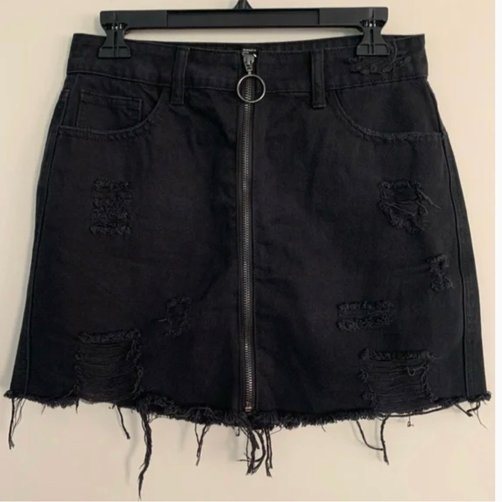 Black Denim Zip Up Skirt